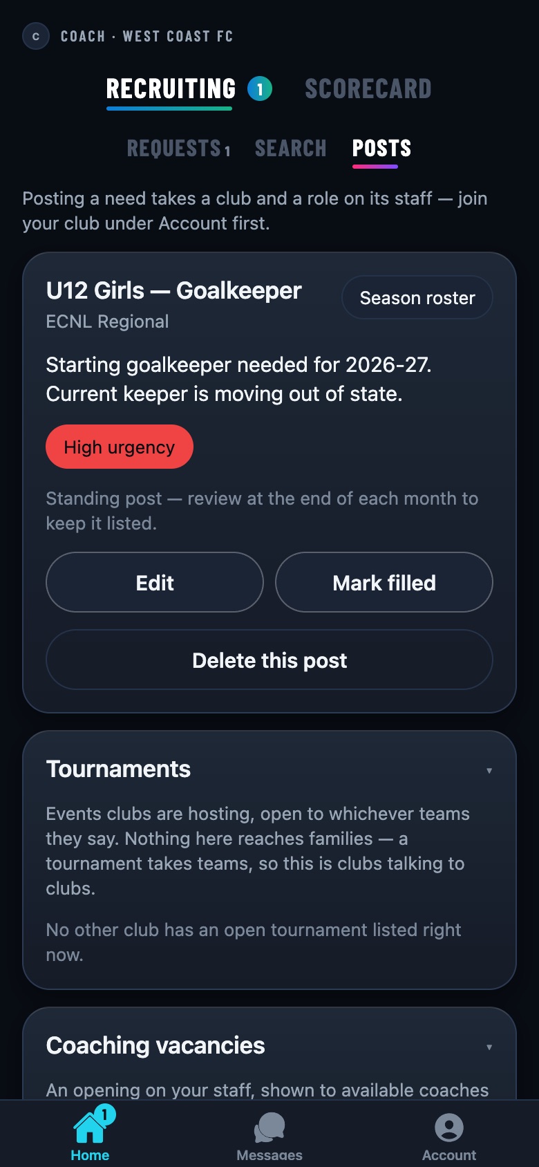 Posts: a season-roster need, tournaments and coaching vacancies