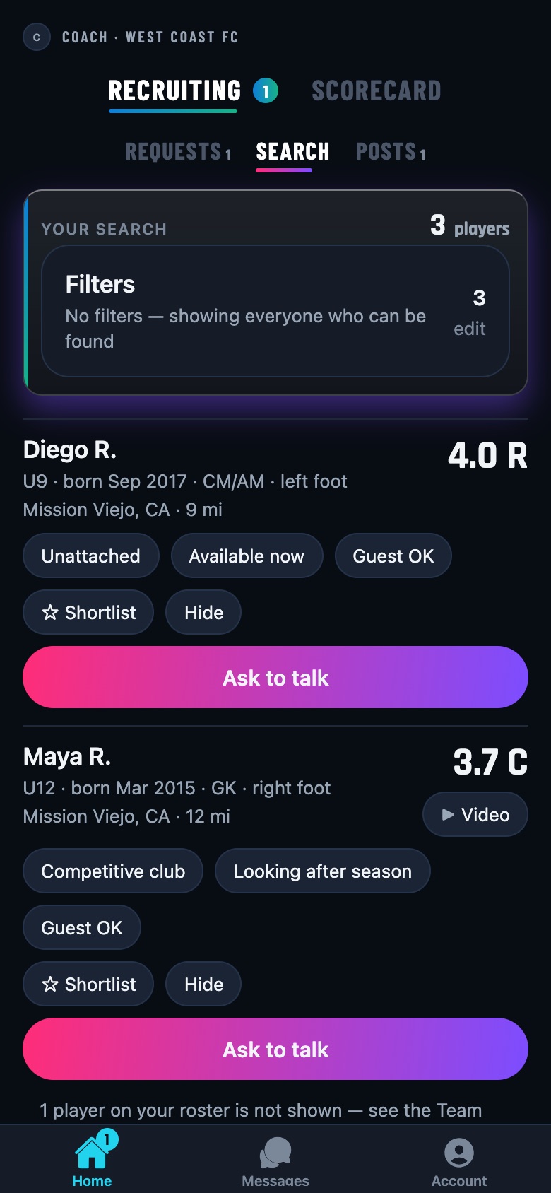 Search: players by age, level and distance, with Shortlist, Hide and Ask to talk