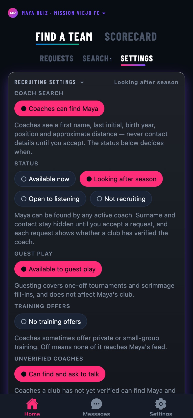 Find a team › Settings: coach search, status, guest play, training offers, unverified coaches