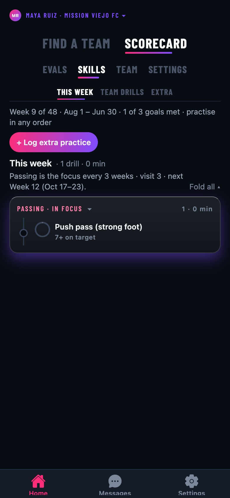 Skills: this week's drills, the season goal in minutes, and the log button